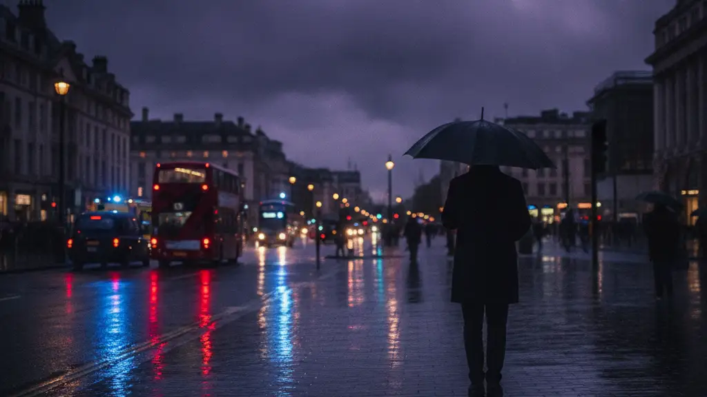 Silhouetted figure with umbrella on a wet London street reflecting emergency lights.