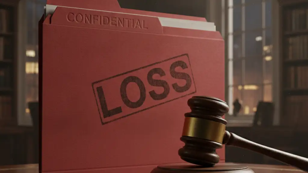 Confidential file folder with 'LOSS' stamp and a gavel on a mahogany desk.