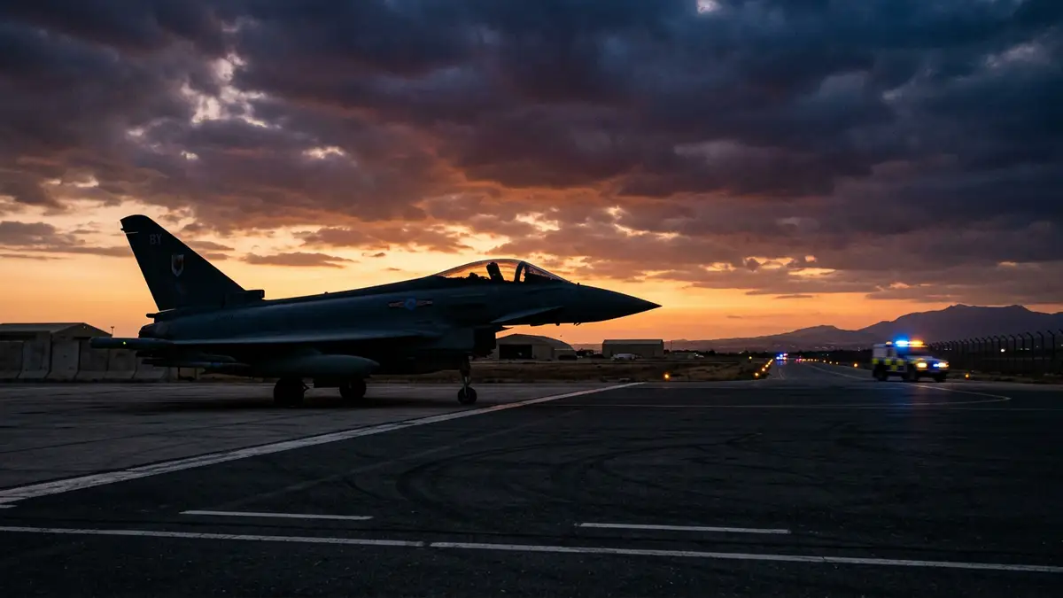 A silhouetted fighter jet on a darkened airfield at dusk with distant emergency lights.