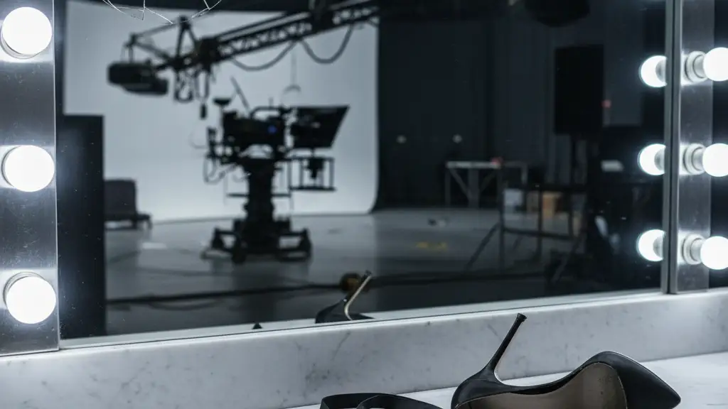 A cracked vanity mirror bulb and a discarded high-heeled shoe in an empty studio.