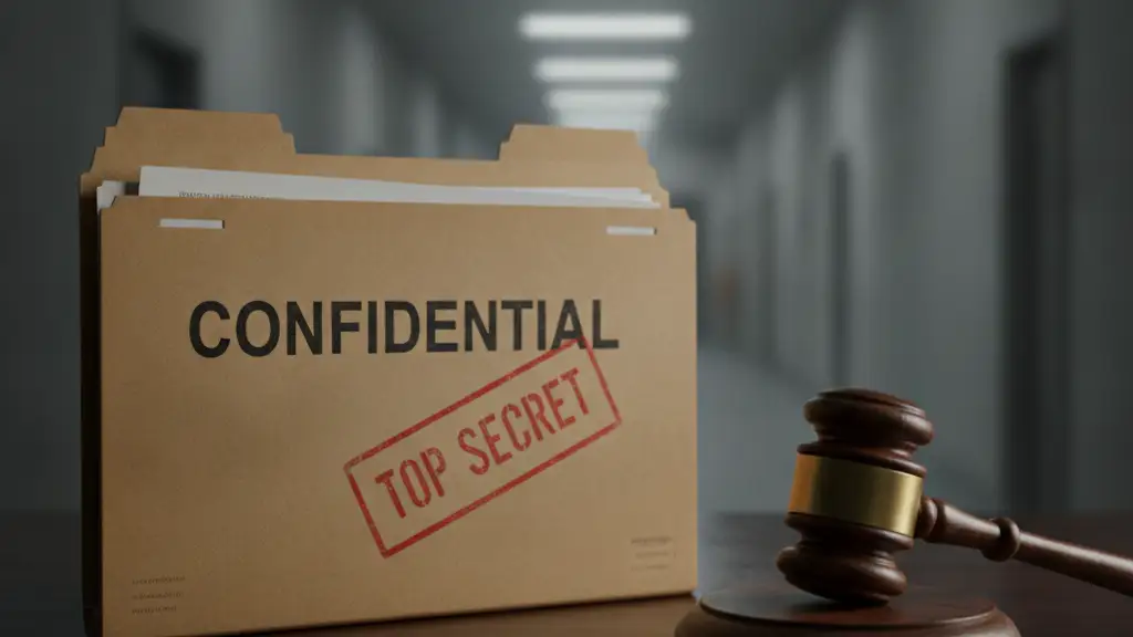 Confidential file and gavel on a desk, hinting at a prison investigation.