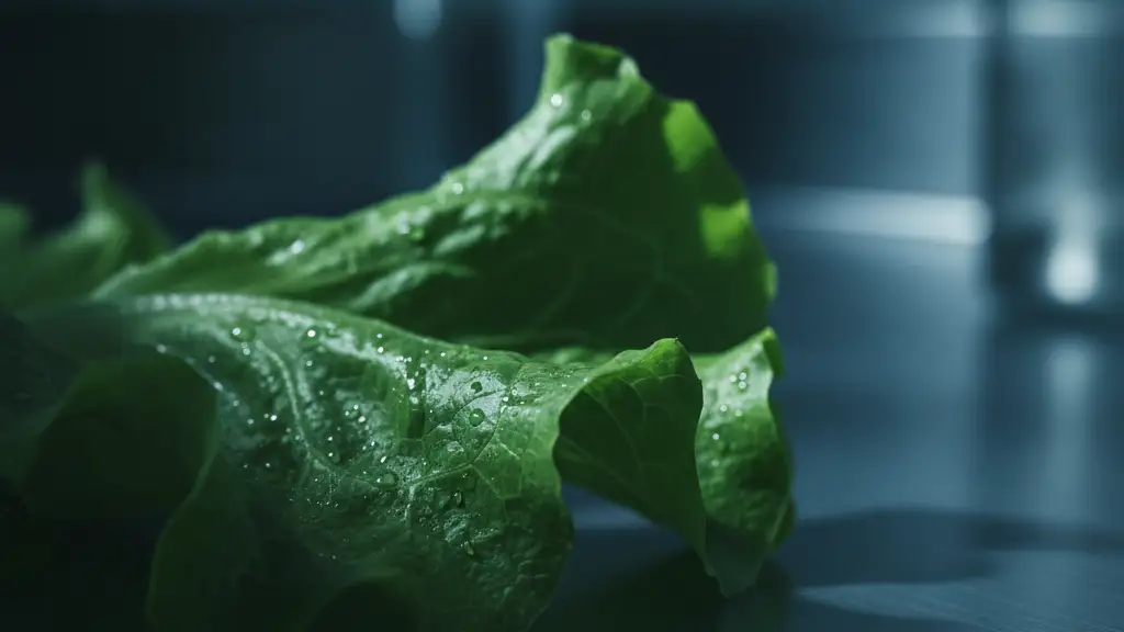 Close-up of a vibrant green lettuce leaf with subtle moisture droplets.