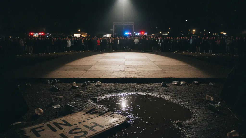 Broken festival sign on ground near empty stage with emergency lights reflecting.