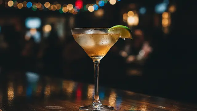 Elegant cocktail glass on a bar, blurred festive restaurant lights in background.