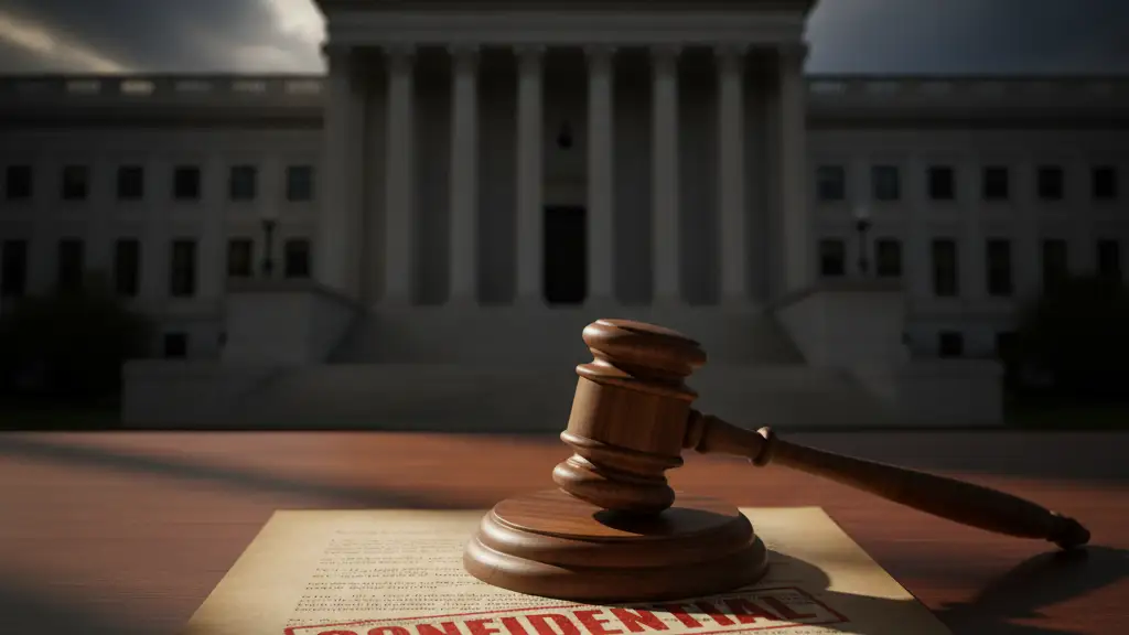 Gavel on a confidential document, courthouse steps in blurred background.