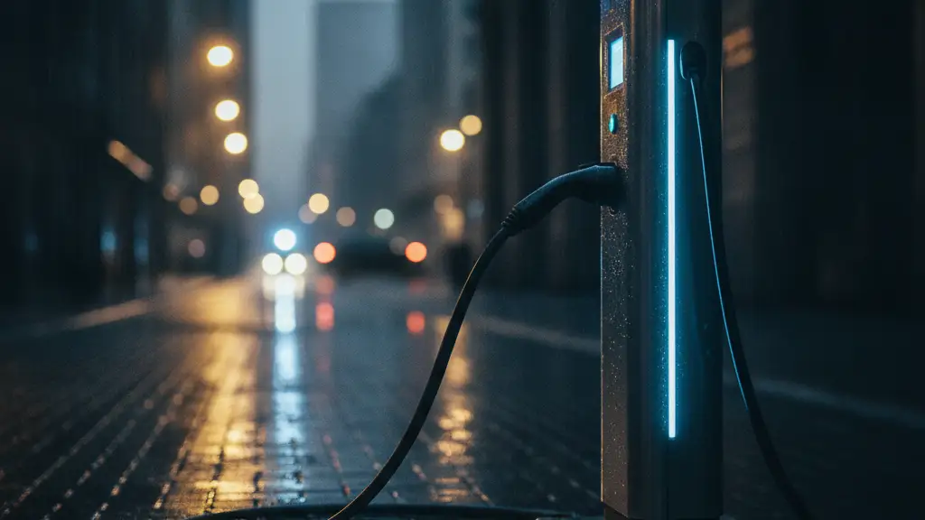 Electric vehicle charging port glowing blue in a dark, wet urban setting.