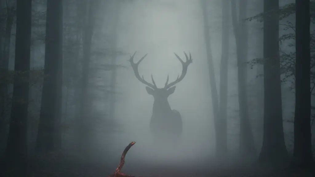 A stag's silhouette in thick fog, broken branch in foreground, subtle red reflection.