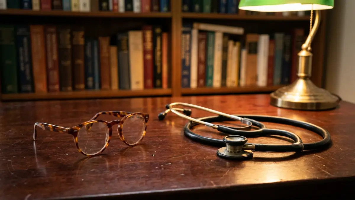 A stethoscope and glasses resting on a wooden desk in soft, warm lighting.