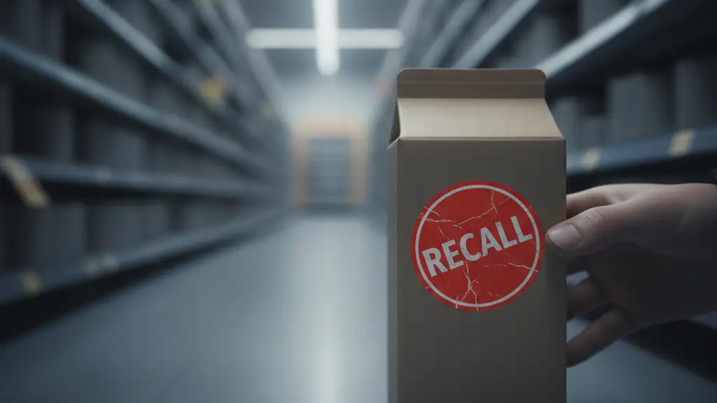 Unbranded milk carton with a red 'RECALL' sticker in a supermarket aisle.