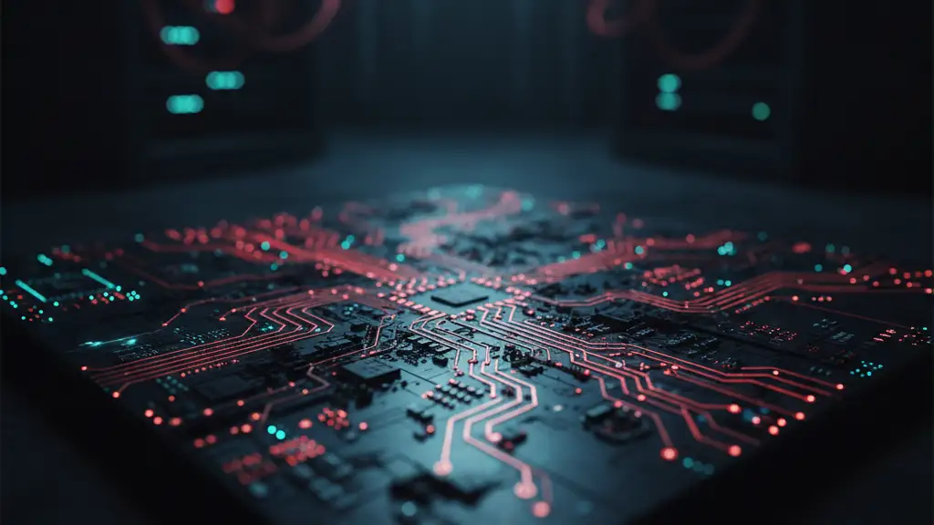 Abstract circuit board glowing with red and blue light, reflecting in a dark server rack.