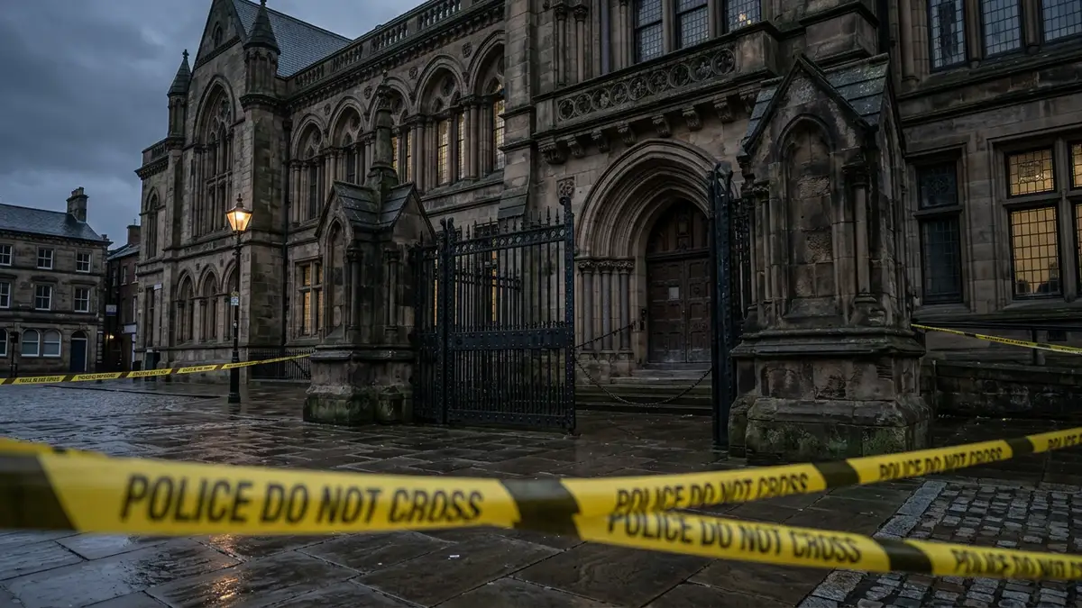 A somber view of a stone courthouse exterior behind blurred yellow police tape.