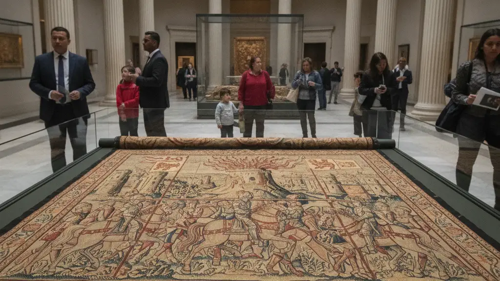 Ancient tapestry section displayed under soft lights in a grand museum hall.