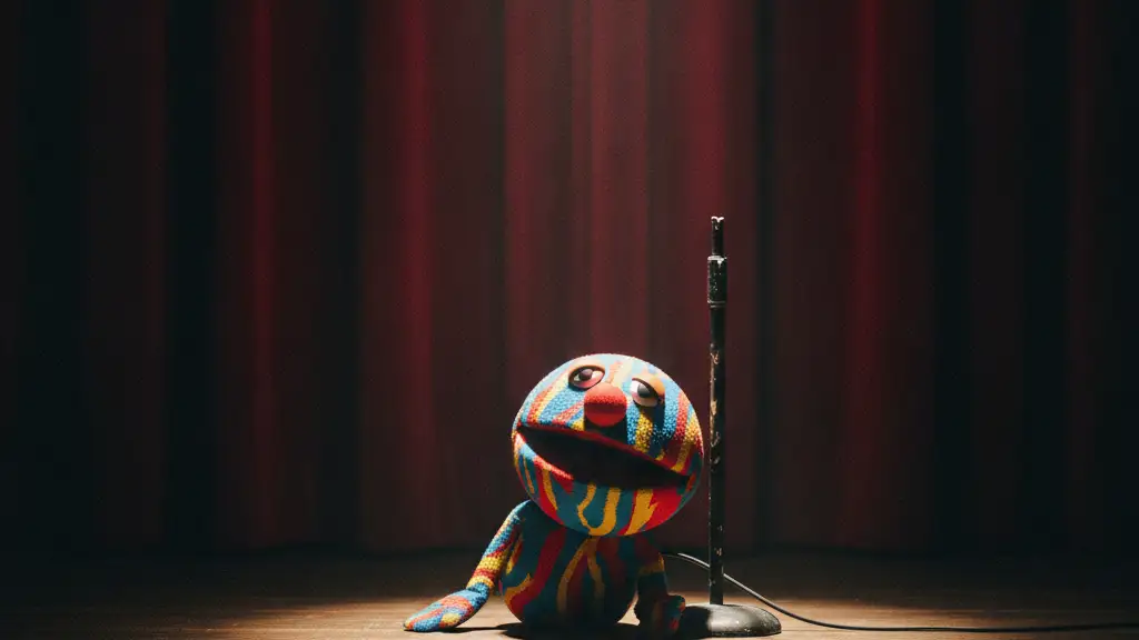 A lone, iconic puppet rests on an empty stage under a single spotlight.