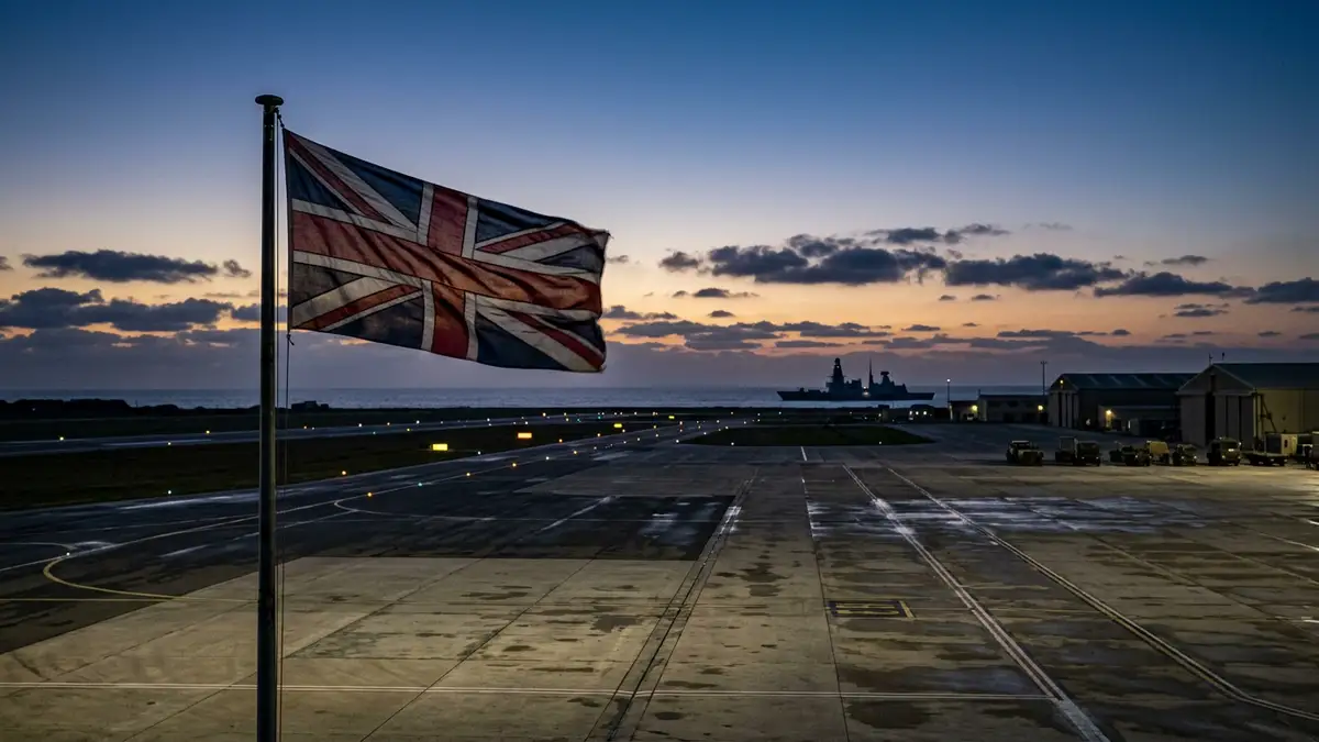 A British flag ripples at a military base with a naval destroyer on the horizon.