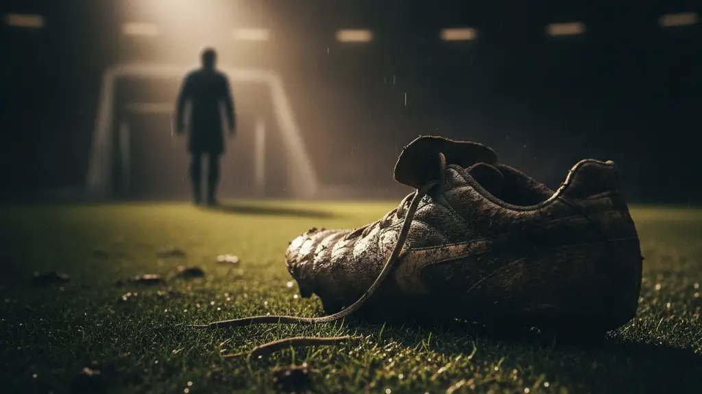 Mud-splattered football boot on a pitch, silhouetted figure walking away.