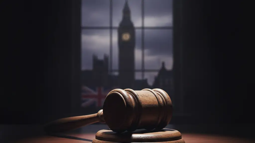 A heavy wooden gavel on a polished desk, with the Houses of Parliament blurred in the background.