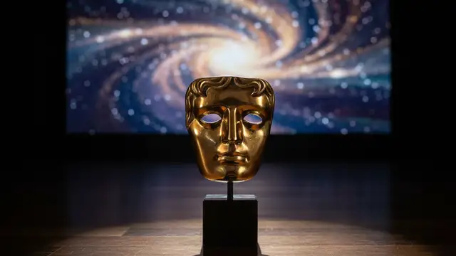 Empty golden BAFTA award statuette on a dark stage, softly lit by a spotlight.