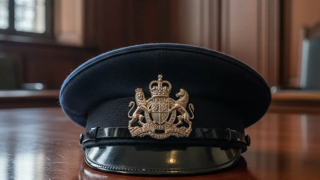 A British Army officer's cap resting on a wooden table in a somber room.