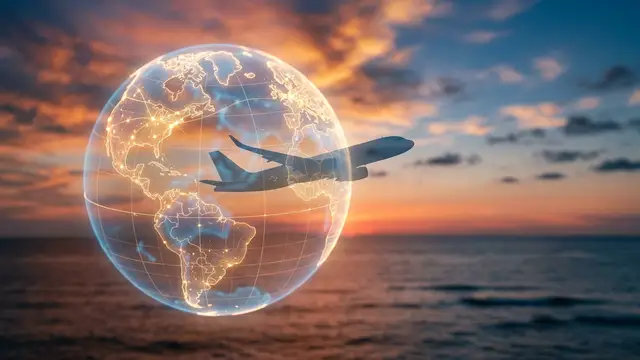 Abstract globe with airplane silhouette, sunset over ocean.