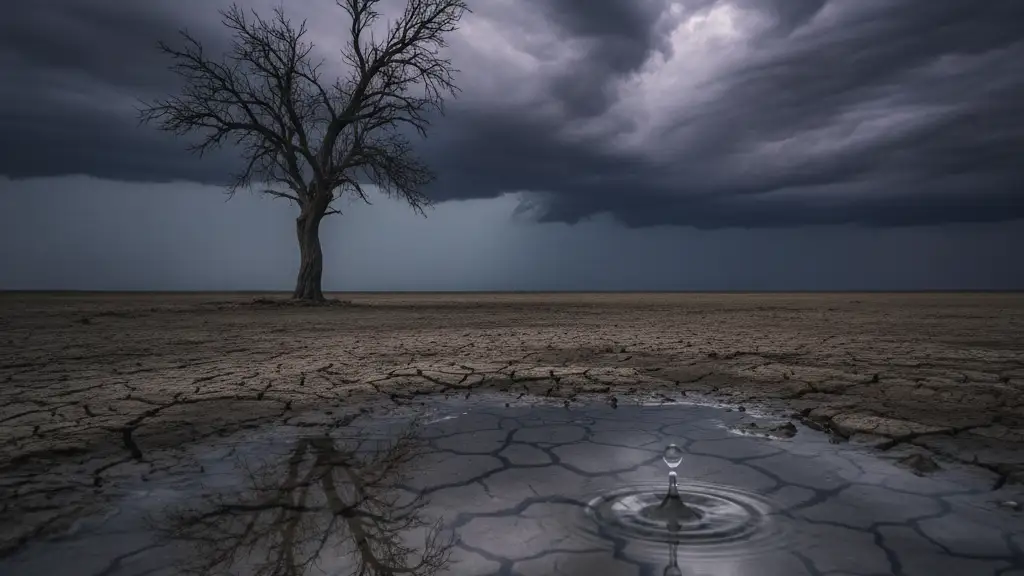 A parched tree silhouetted against a stormy sky, with a single raindrop in a puddle.