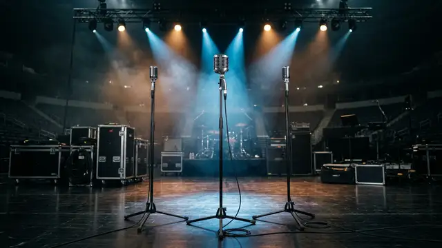 Three chrome microphones stand under spotlights on an empty, dark concert stage.