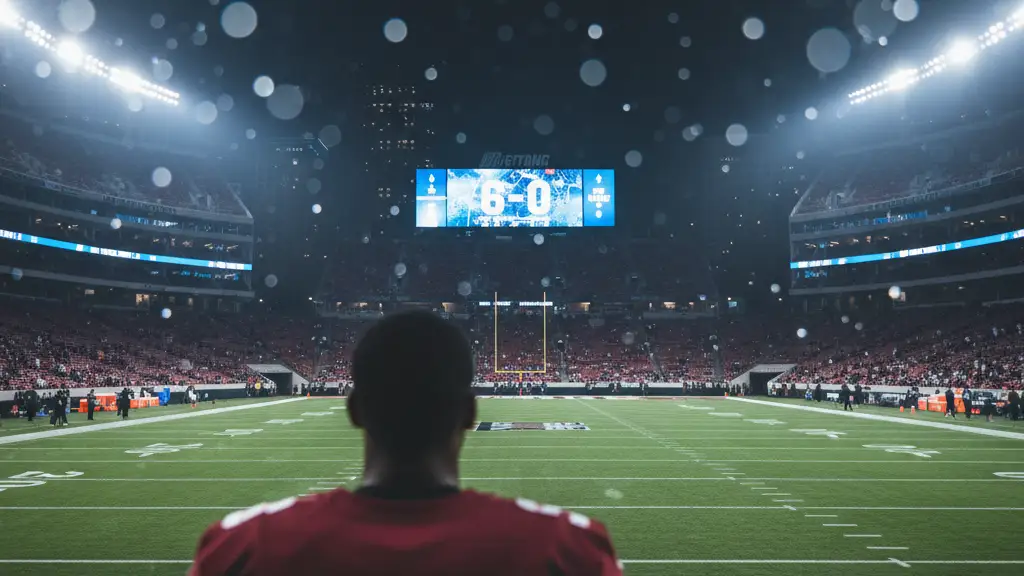 A stadium scoreboard showing a 6-0 score at night under bright lights.