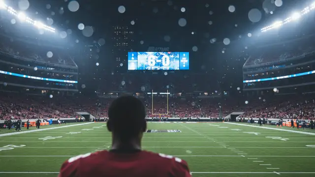 A stadium scoreboard showing a 6-0 score at night under bright lights.