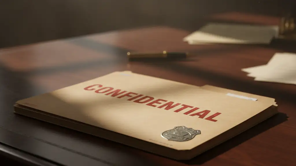 Confidential police file on a dark desk, dramatically lit.