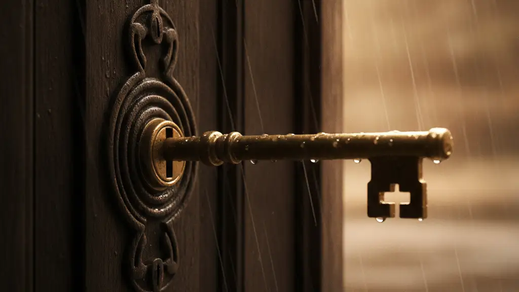 A brass key entering a weathered wooden door, suggesting access to a home.