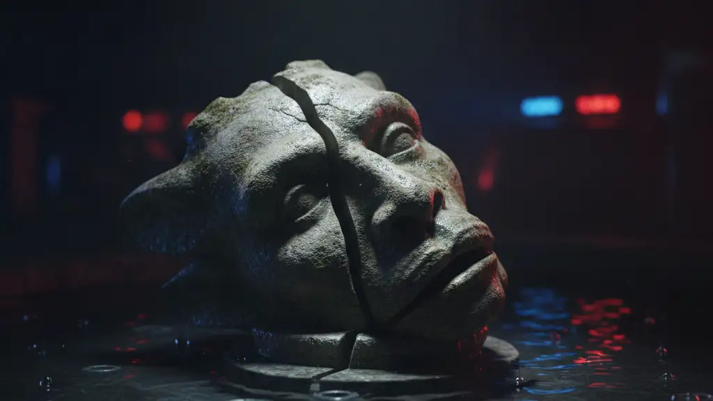 Broken stone gargoyle head from a fountain, partially submerged in water, reflecting emergency lights.