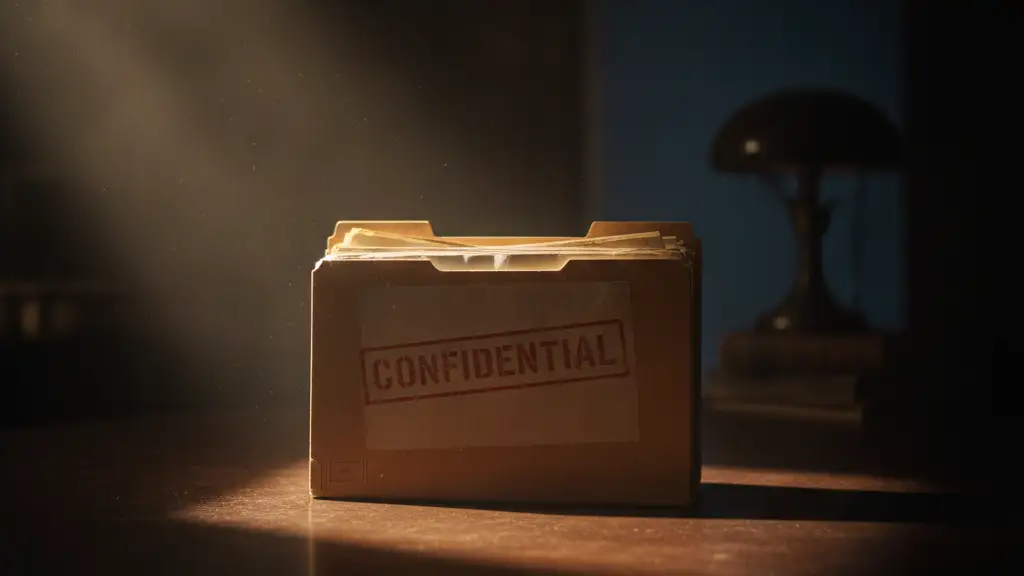 Confidential file folder on a dark desk, dramatically lit.