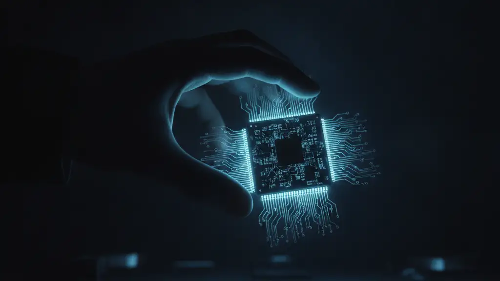 A glowing microchip with a silhouetted hand reaching towards it.