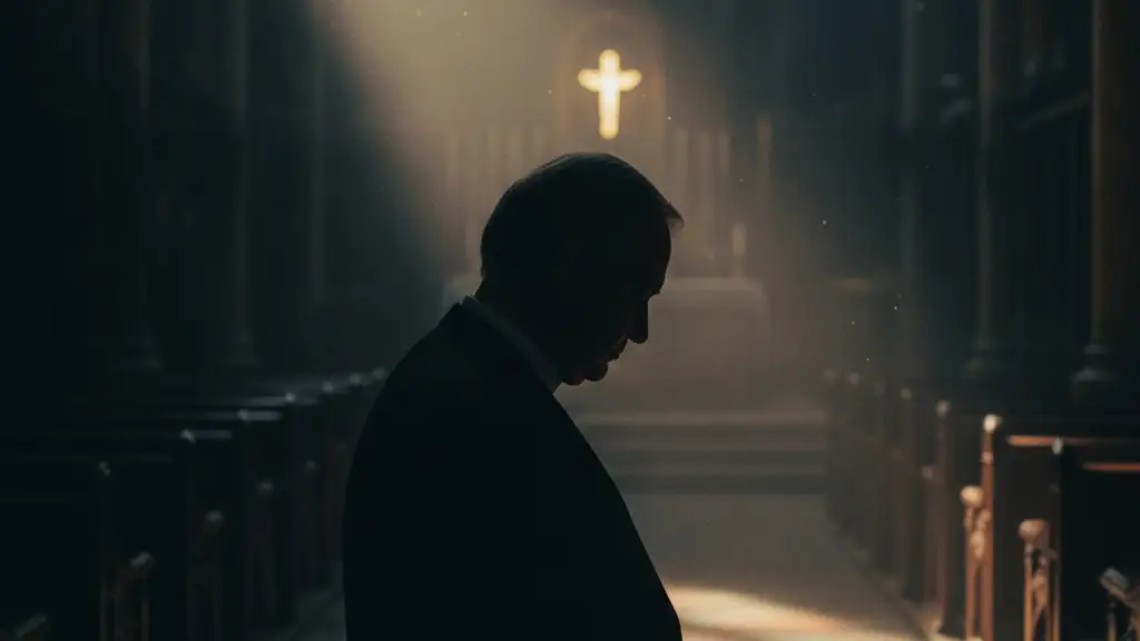 A blurred figure from behind in a chapel, wearing a clerical collar.