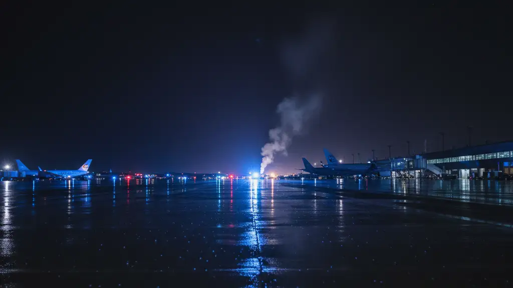 Emergency lights reflecting on wet airport tarmac with distant smoke.