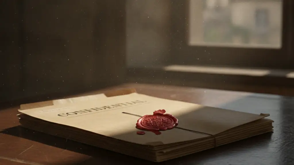 A thick 'CONFIDENTIAL' file folder on a dark wooden desk, dimly lit.