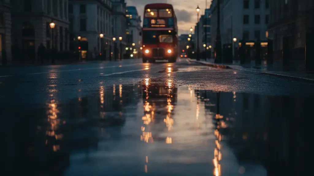 Vintage red double-decker bus reflecting in a rain puddle on a London street at dusk.