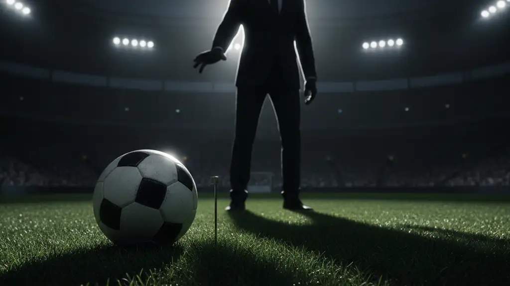 A football on a pitch, with a blurred silhouette of a businessman's hand reaching for it.