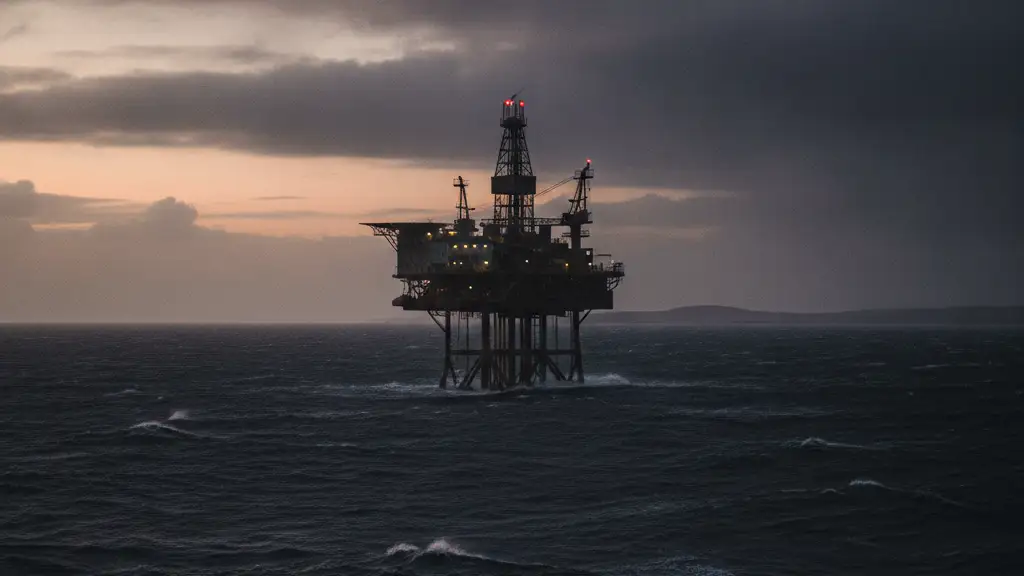 Silhouette of an oil rig at dusk in a turbulent North Sea.