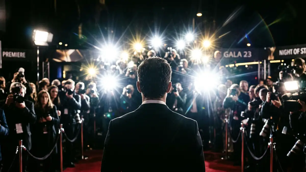 A silhouette of a man facing a wall of bright, flashing paparazzi camera lights.