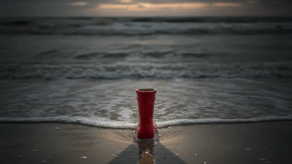 A single red child's wellington boot half-submerged in dark, foamy sea at dusk.