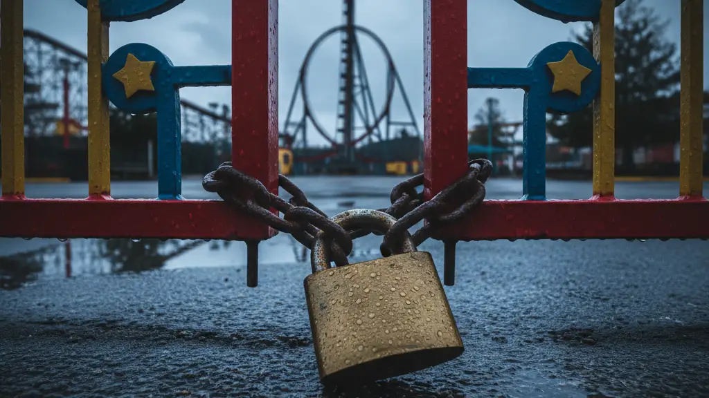 A heavy padlock and chain on a theme park gate with a blurred roller coaster background.