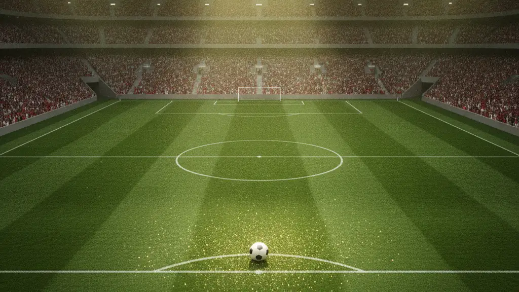 Football on a stadium pitch, crowd blurred in background, dramatic lighting.