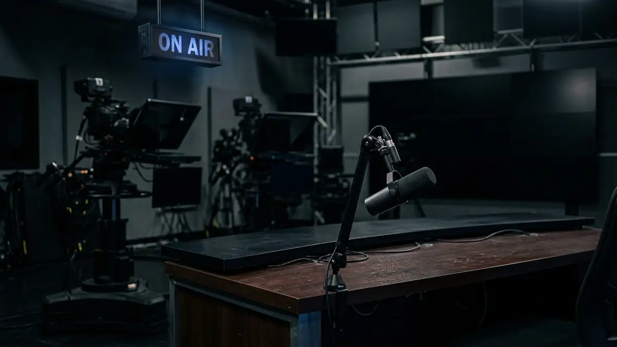 An empty, darkened news studio desk with a microphone and a deactivated 'On Air' sign.