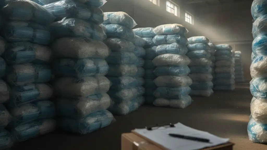 Vast warehouse with towering stacks of unused, plastic-wrapped medical masks and gloves.