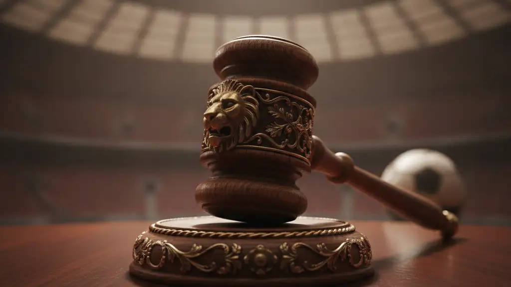 A heavy wooden gavel rests on a polished mahogany desk, with a blurred soccer background.