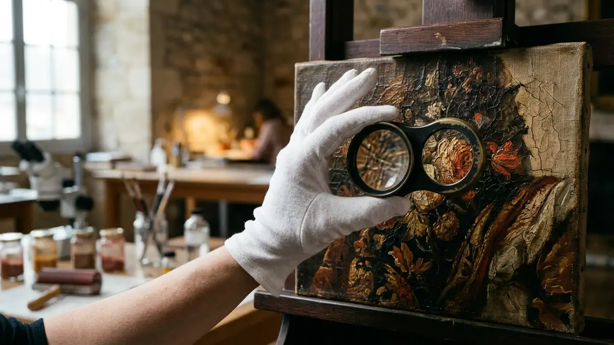 A gloved hand holds a magnifying glass over the textured brushstrokes of an old oil painting.