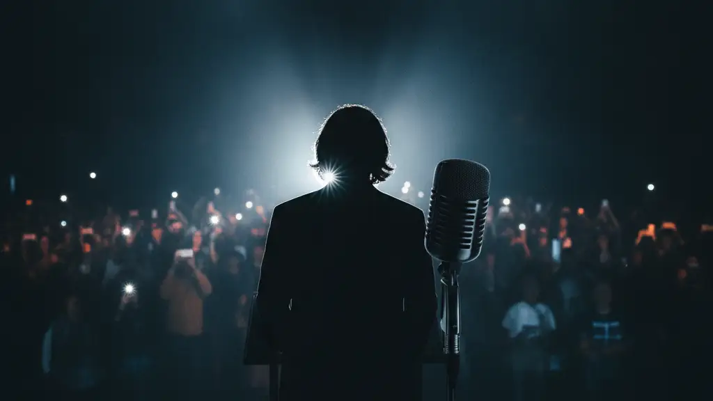Blurred silhouette at podium, camera flashes, microphone in foreground.