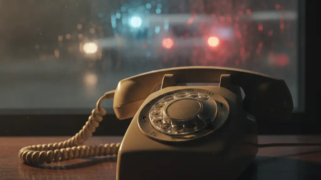 A vintage rotary phone with emergency light reflections in the background.