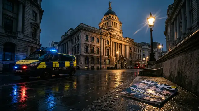 The Old Bailey courthouse at dusk with blurred police lights reflecting on wet pavement.