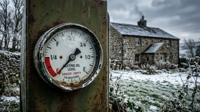 Close-up of a domestic heating oil tank gauge showing a low fuel level.